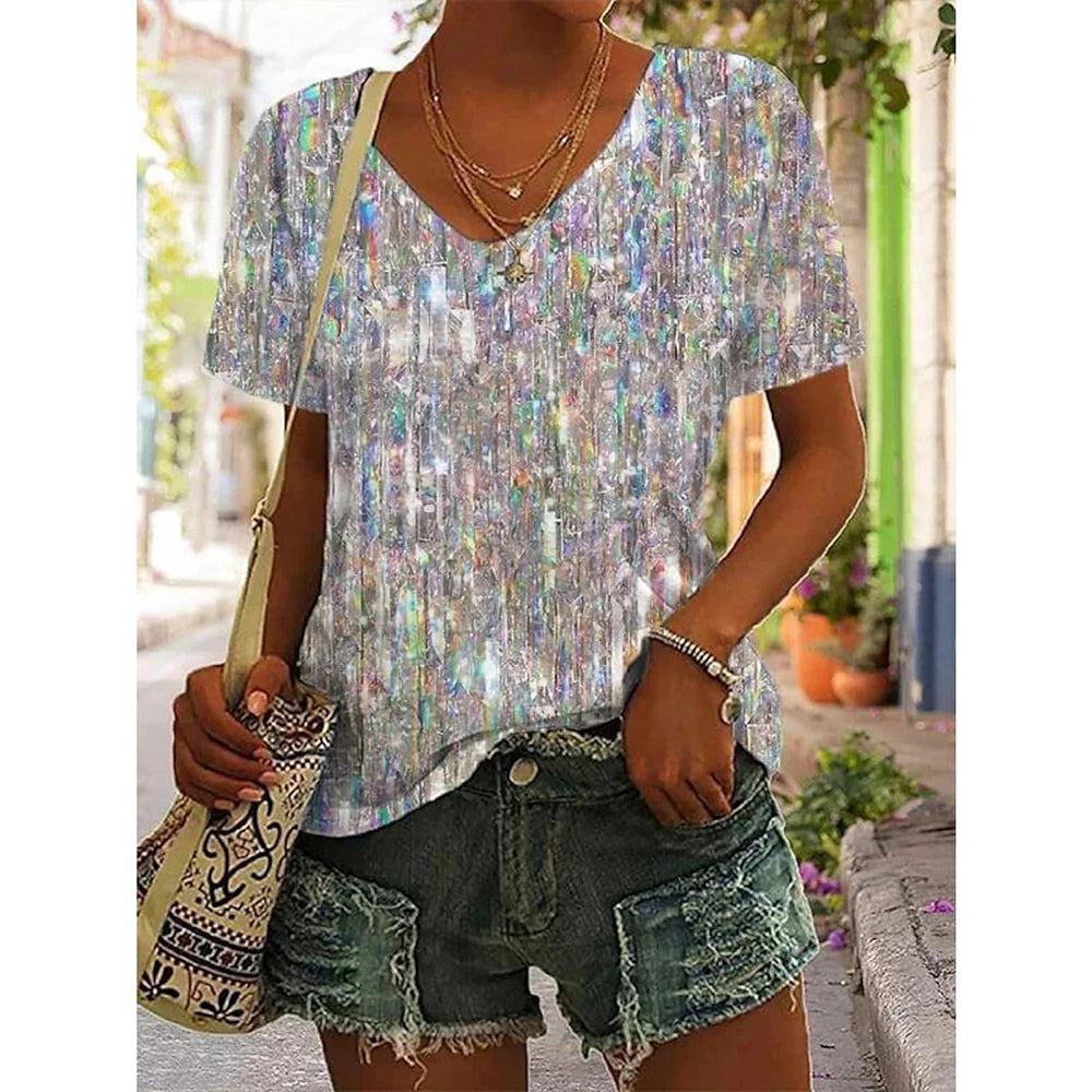 2023 Summer 5XL Women's T-Shirt Vintage Casual Black Fashion V Neck Pullover Short Sleeve Printed Loose Daily Tops Design Clothe