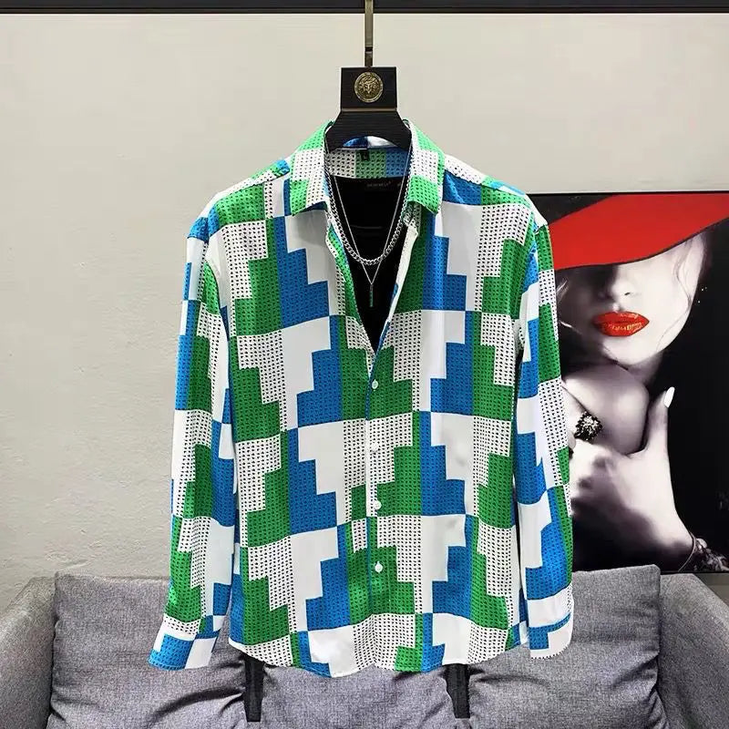 2023 Spring and Summer Autumn Fashion Classic Niche Design Ruffian Handsome Loose Casual Contrast Color Houndstooth Men's Shirt